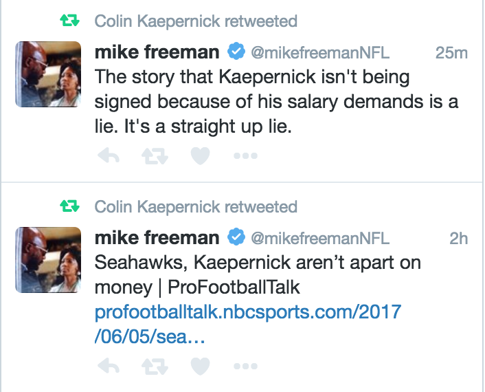 Colin Kaepernick appears to want to let people know that him not signing with the Seahawks has nothing to do with salary. (@Kaepernick7)