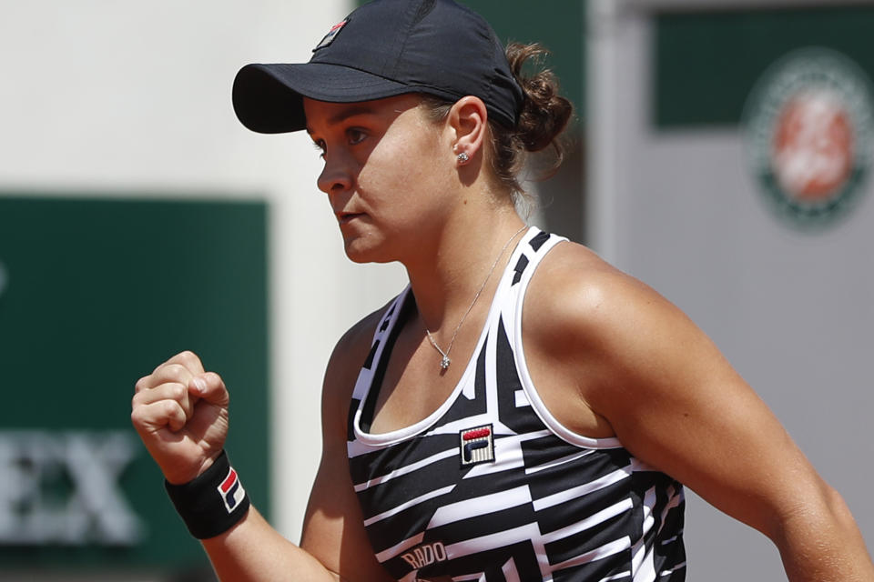 Australia's Asleigh Barty clenches her fist after scoring a point against Madison Keys of the U.S. during their quarterfinal match of the French Open tennis tournament at the Roland Garros stadium in Paris, Thursday, June 6, 2019. (AP Photo/Pavel Golovkin)