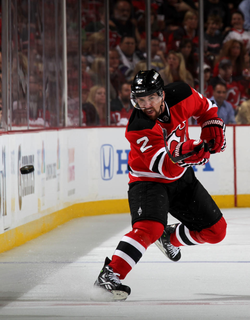 NEWARK, NJ - MAY 30: Marek Zidlicky #2 of the New Jersey Devils fires the puck against the Los Angeles Kings during Game One of the 2012 NHL Stanley Cup Final at the Prudential Center on May 30, 2012 in Newark, New Jersey. (Photo by Bruce Bennett/Getty Images)