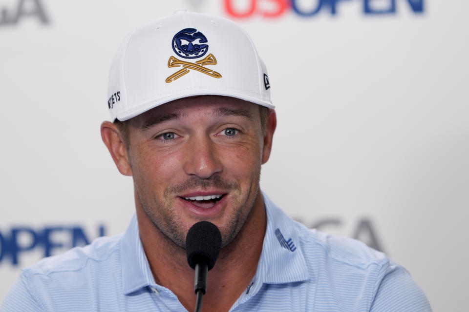 Bryson DeChambeau speaks during a news conference at the U.S. Open golf tournament Tuesday, June 11, 2024, in Pinehurst, N.C. (AP Photo/Matt York)