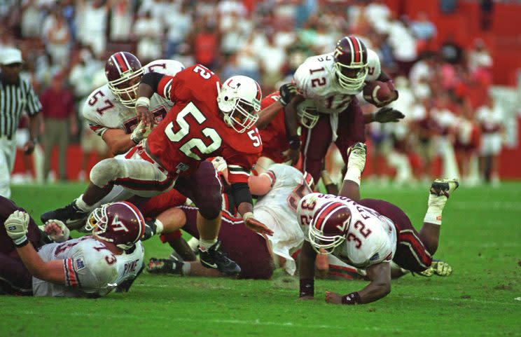 Ray Lewis (52) was the last linebacker available that the Ravens liked in the 1996 draft. Also in pursuit of him: The Packers. (Getty Images)