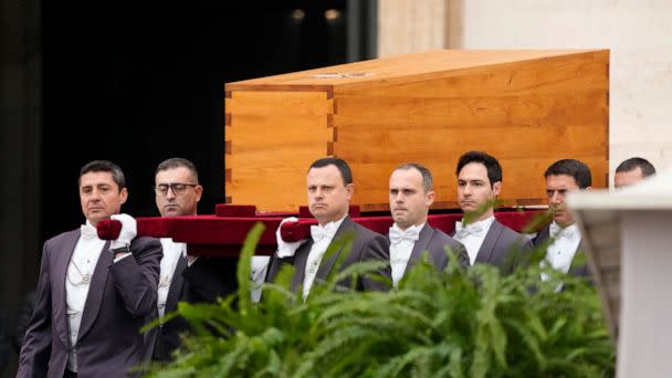 PHOTO: The coffin of late Pope Emeritus Benedict XVI is brought to St. Peter's Square for a funeral mass at the Vatican, Thursday, Jan. 5, 2023. (Andrew Medichini/AP)