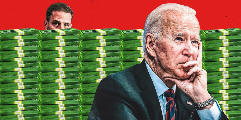 Hunter Biden looking over a wall of money. Joe Biden is in front not paying attention to him. The background is red.