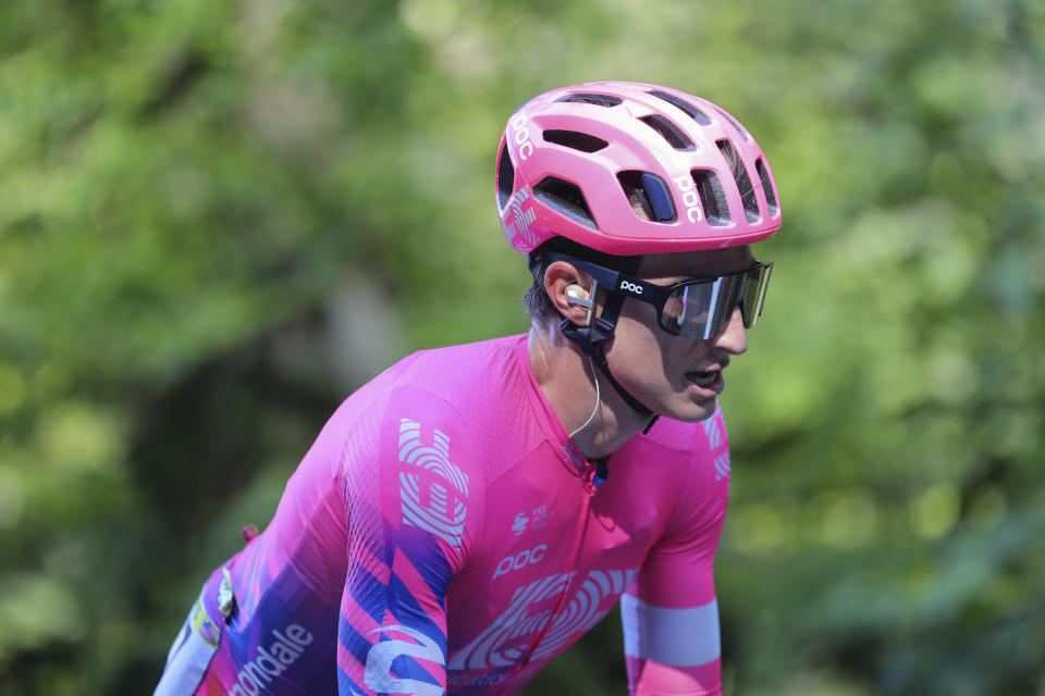 Neilson Powless of the US rides during the 16th stage of the Tour de France cycling race over 164 kilometers from La Tour-du-Pin to Villard-de-Lans Tuesday, Sept. 15, 2020. (AP Photo/Thibault Camus)