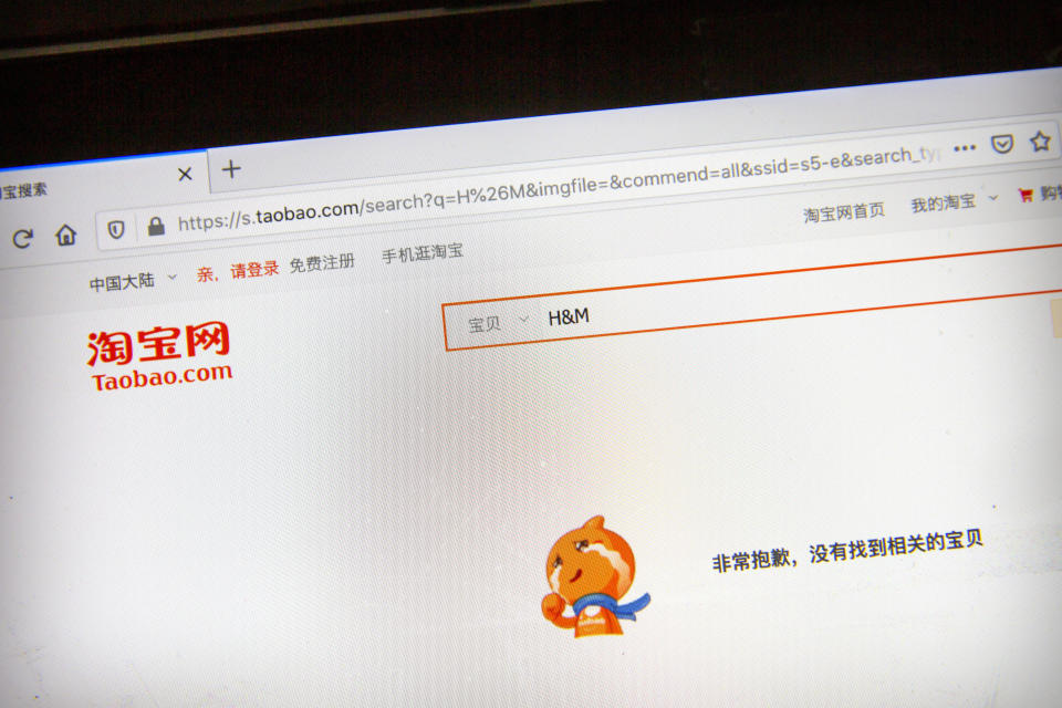 The Chinese e-commerce site Taobao displays the message "Sorry, no related items were found" when searching for products from clothing retailer H&M, as seen on a computer screen in Beijing, Friday, March 26, 2021. H&M disappeared from the internet in China as the government raised pressure on shoe and clothing brands and announced sanctions Friday against British officials in a spiraling fight over complaints of abuses in the Xinjiang region.(AP Photo/Mark Schiefelbein)