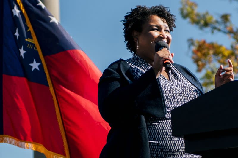 FILE PHOTO: Former Georgia House of Representatives Minority Leader Stacey Abrams speaks ahead of former President Barack Obama's address in Atlanta