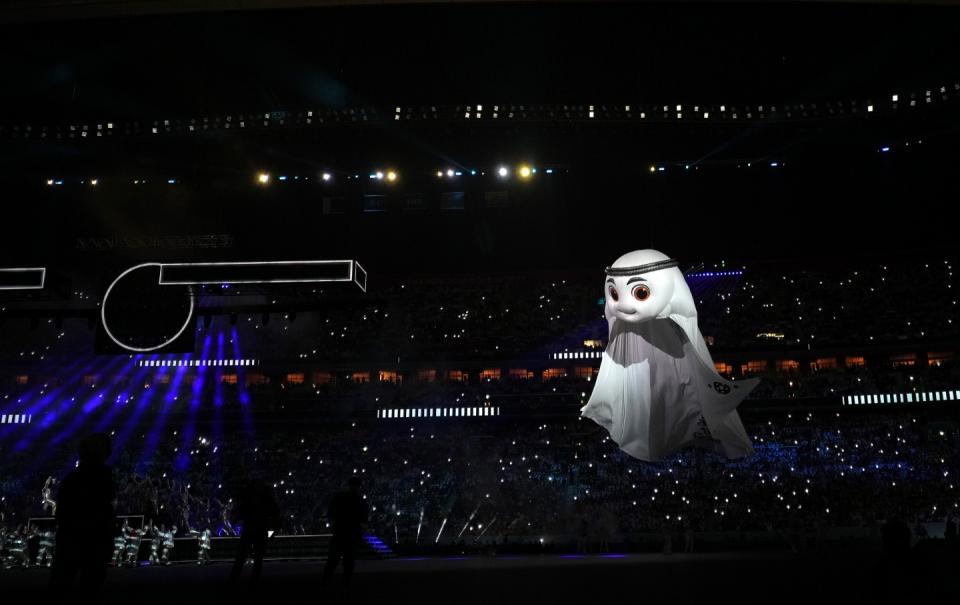 AL KHOR, QATAR - NOVEMBER 20: Qatar World Cup mascot La'eeb is seen during the opening ceremony prior to the FIFA World Cup Qatar 2022 Group A match between Qatar and Ecuador at Al Bayt Stadium on November 20, 2022 in Al Khor, Qatar. (Photo by Alex Caparros - FIFA/FIFA via Getty Images)