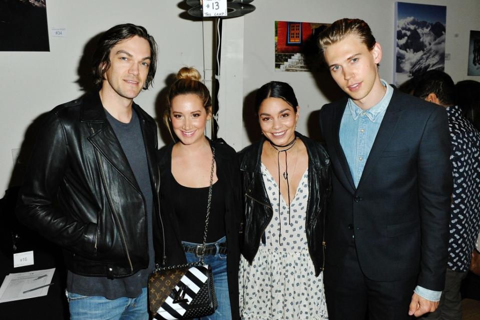 (L-R) Christopher French, Ashley Tisdale, Vanessa Hudgens, and Austin Butler attend Cloud Forest Institute on June 7, 201, in Santa Monica, California. Getty Images