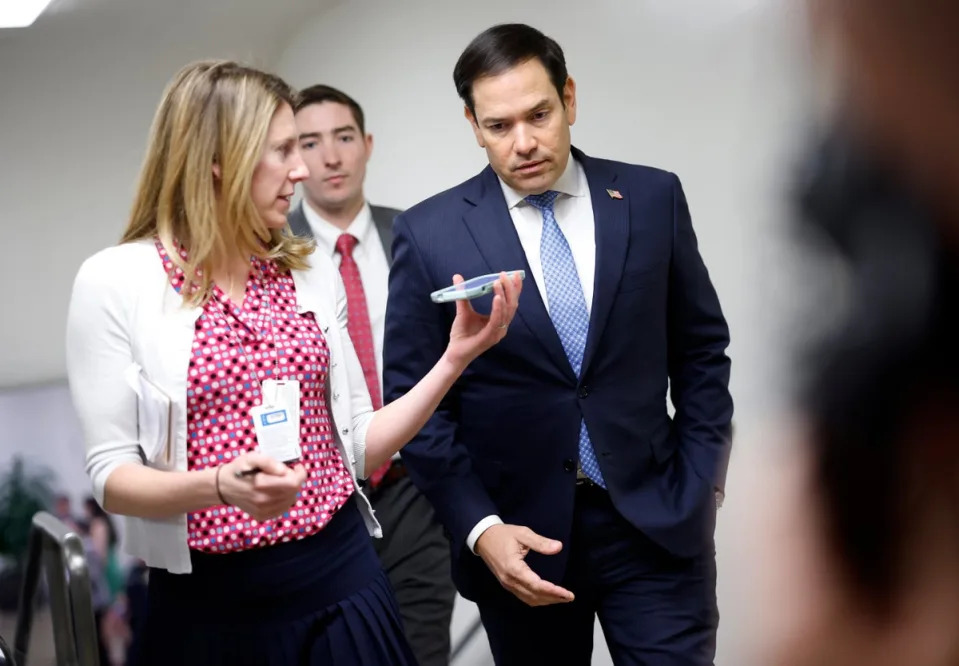 Sen. Marco Rubio talks to members of the media as he walks to the Senate chamber at the US Capitol on April 23, 2024 in Washington, DC (Getty Images)