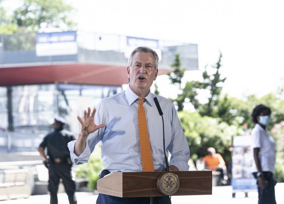 NEW YORK, UNITED STATES - 2020/08/03: Mayor Bill de Blasio speaks at press conference at the South Street Seaport about city preparation for tropical storm Isaias. There is prediction that Isaias will bring gusts of winds that could blow at 60 mph and up to 6 inches of rain and sea surge of 1 to 3 feet in the city. (Photo by Lev Radin/Pacific Press/LightRocket via Getty Images)