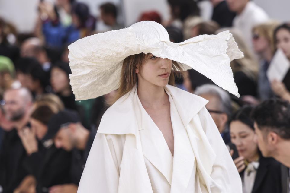 A model wears a creation for the Issey Miyake Spring/Summer 2024 womenswear fashion collection presented Friday, Sept. 29, 2023 in Paris. (AP Photo/Vianney Le Caer)