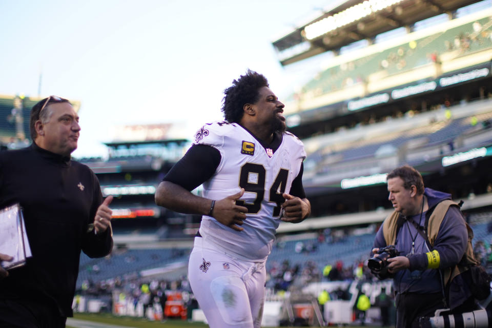 New Orleans Saints defensive end Cameron Jordan (94) runs off the field after an NFL football game against the Philadelphia Eagles in Philadelphia, Sunday, Jan. 1, 2023. The Saints won 20-10. (AP Photo/Matt Rourke)