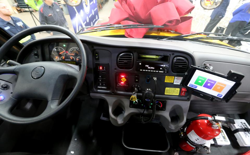 An electronic student tracking system from Tyler Technologies is seen in one of the two new electric school buses Friday, Jan. 27, 2023, at the South Bend school district’s bus facility on Bend Drive in South Bend.