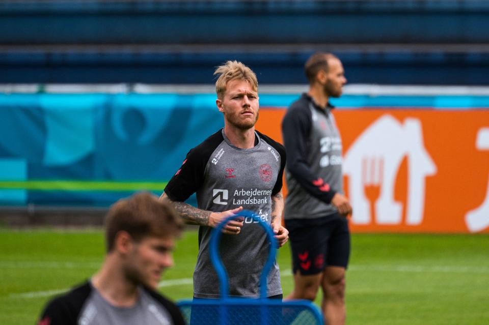 Simon Kjaer attends a training session in Helsingor, north of Copenhagen (AFP)