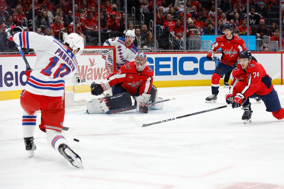 Jan 13, 2024; Washington, District of Columbia, USA; Washington Capitals goaltender Charlie Lindgren (79) makes a save on New York Rangers left wing Artemi Panarin (10) in the second period at Capital One Arena. Mandatory Credit: Geoff Burke-USA TODAY Sports