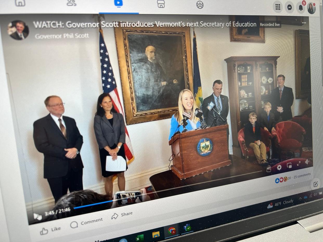 Zoie Saunders addresses the public and press on March 22, 2024 after being named Vermont's new Secretary of Education, effective April 15. This image is a still shot from the event that was also broadcast on Facebook.