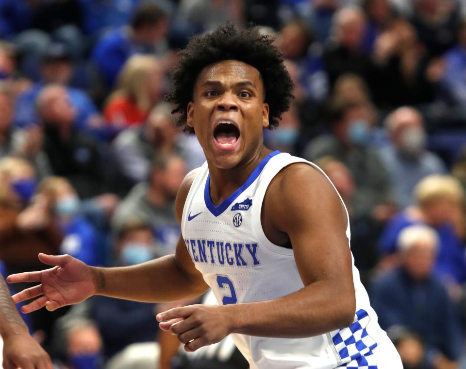 Kentucky’s Sahvir Wheeler reacts after he scores against WKU.Dec. 22, 2021