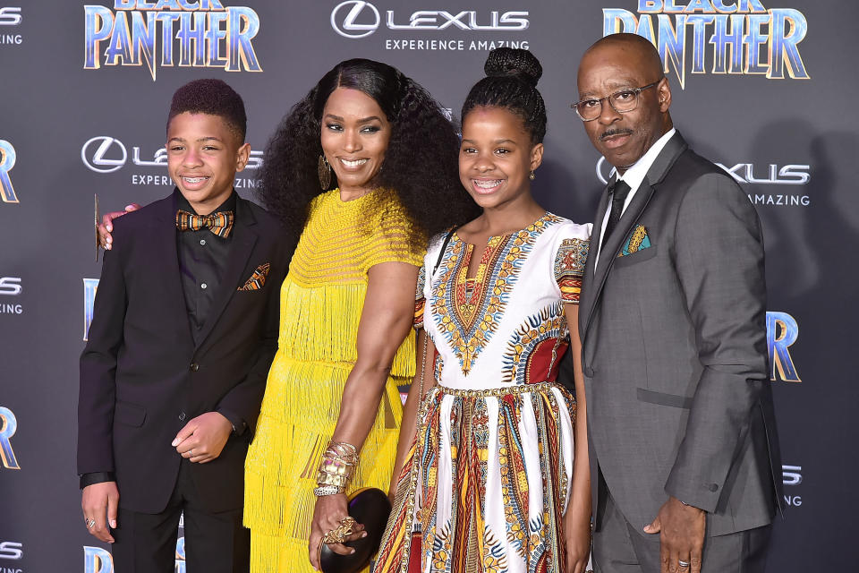 HOLLYWOOD, CA - JANUARY 29:  Slater Vance, Angela Bassett, Bronwyn Vance and Courtney B. Vance attend the Premiere Of Disney And Marvel's 'Black Panther' - Arrivals on January 29, 2018 in Hollywood, California.  (Photo by David Crotty/Patrick McMullan via Getty Images)