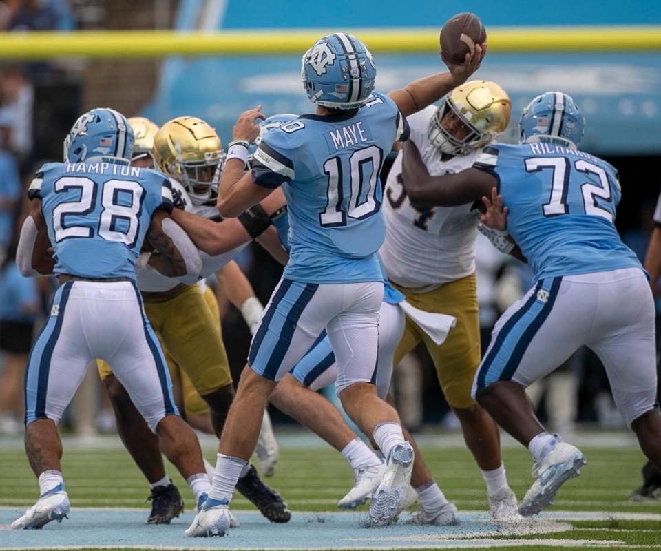 North Carolina quarterback Drake Maye (10) launches a 43-yard pass to J.J. Jones in the second quarter against Notre Dame on Saturday, September 24, 2022 at Kenan Stadium in Chapel Hill, N.C.