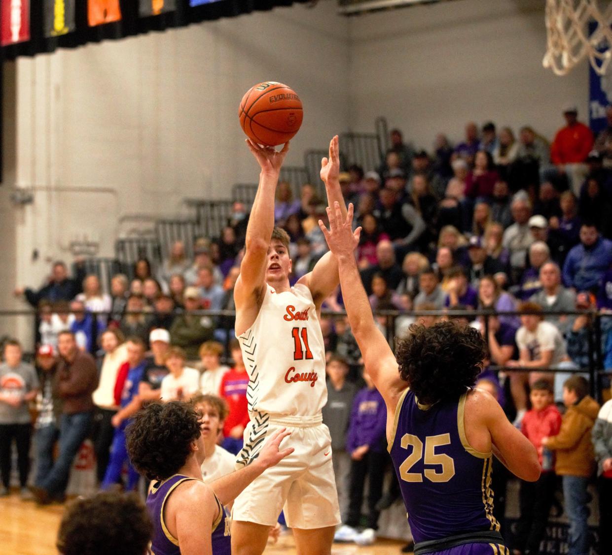 South County's Noah Lyons attempts a shot against Jacksonville Routt during the Waverly Holiday Tournament on Wednesday, Dec. 27, 2023.