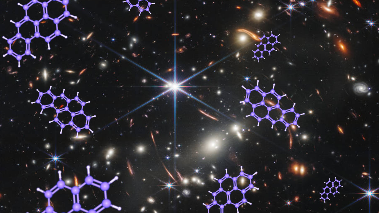  An illustration shows carbon PAH molecules surrounding early galaxies seen bt the JWST 