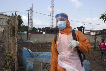 A health worker prepares to disinfect a van used for burial purposes in Freetown, Sierra Leone, November 10, 2014. REUTERS/Josephus Olu-Mamma
