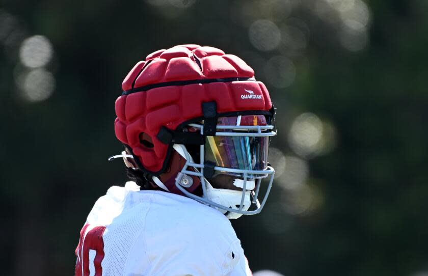 USC defensive lineman Bear Alexander looks to his during a football practice