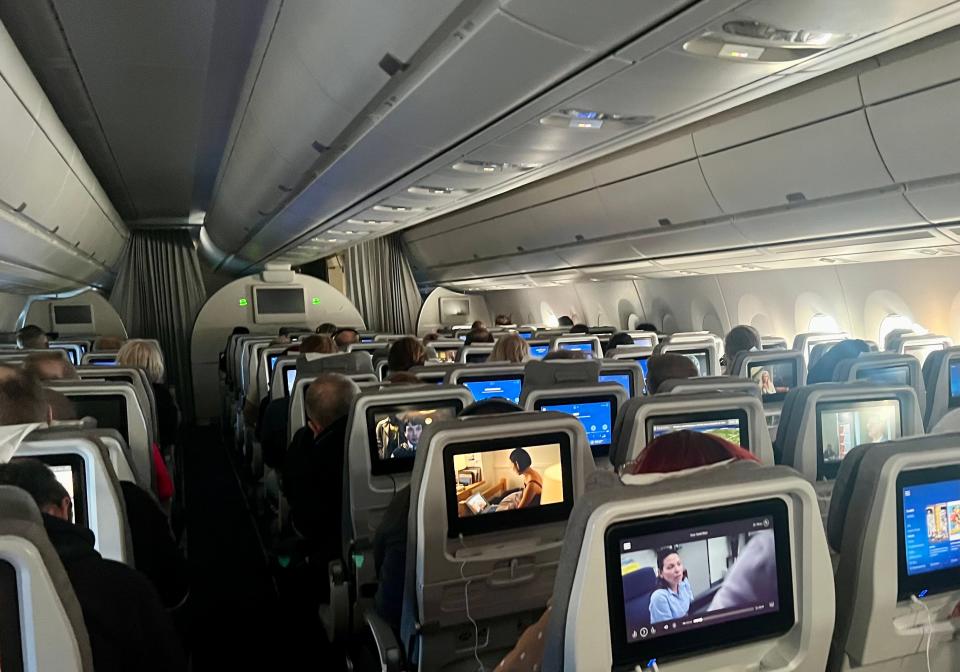 The Finnair A350 cabin viewed from back to front.