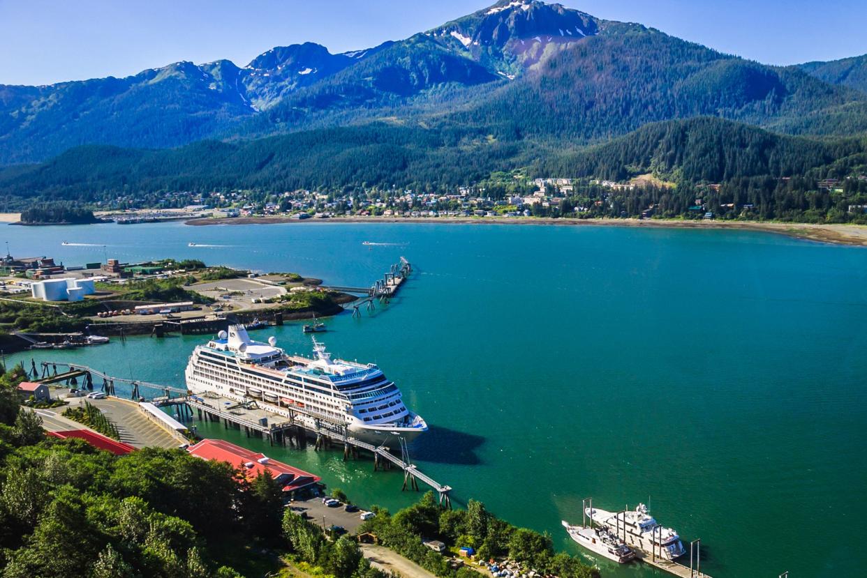 A Princess Cruises luxury cruise ship is docked in Juneau, Alaska