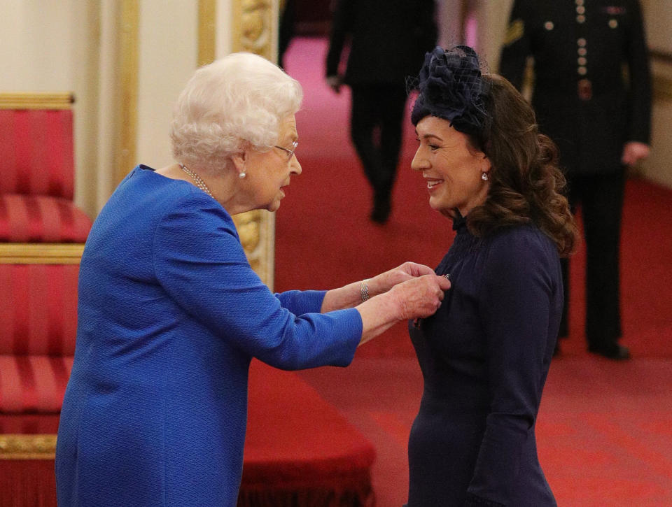 Marnie Gaffney from Kingston-Upon-Thames is made a Member of the Royal Victorian Order by Queen Elizabeth II at Buckingham Palace. PA Photo. Picture date: Thursday November 21, 2019. S Photo credit should read: Yui Mok/PA Wire             