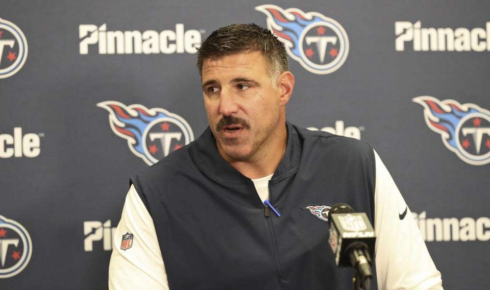 Tennessee Titans head coach Mike Vrabel speaks at a news conference after this team defeated the Cleveland Browns in an NFL football game Sunday, Sept. 8, 2019, in Cleveland. (AP Photo/Ron Schwane)