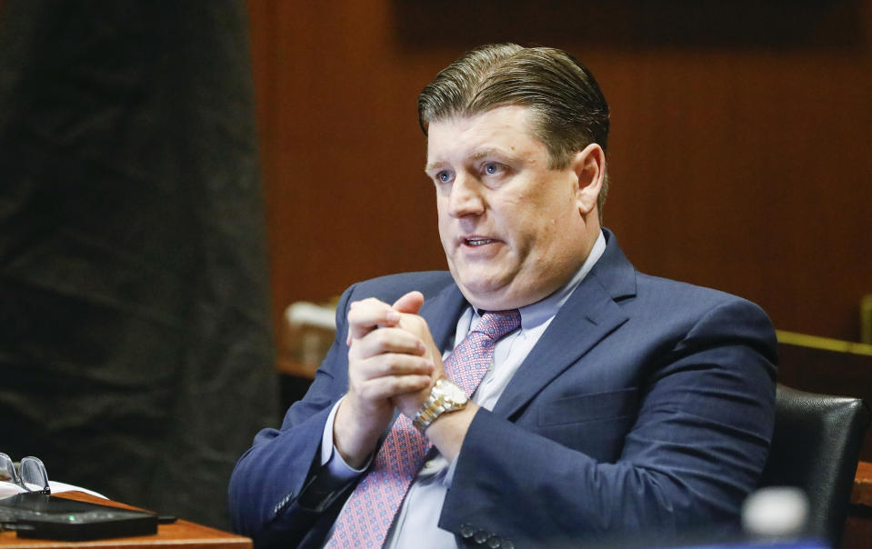 Defense attorney Chad Frese cross examines Mollie Tibbetts' boyfriend Dalton Jack during the trial of Cristhian Bahena Rivera at the Scott County Courthouse in Davenport, Iowa, on Wednesday, May 19, 2021. Rivera is charged with first-degree murder in the death of Tibbetts. (Jim Slosiarek/The Gazette via AP, Pool)