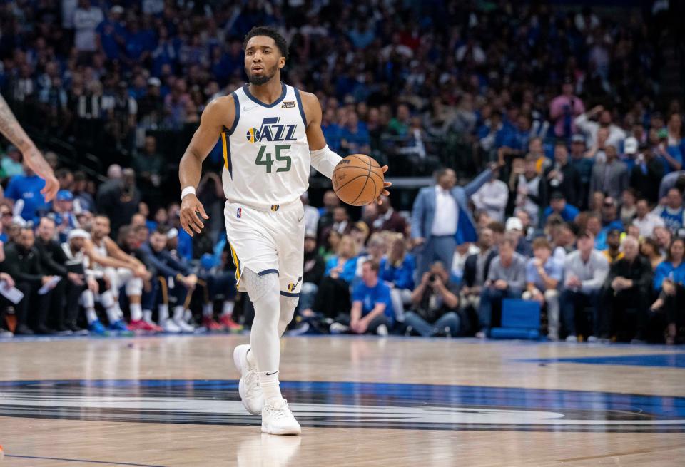Donovan Mitchell in action during a Utah Jazz game against the Dallas Mavericks during the first round of the 2022 NBA playoffs.