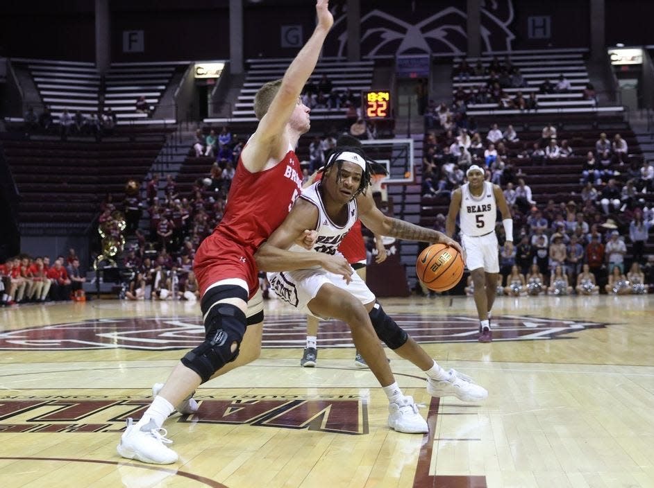 Bradley center Rienk Mast, with his knee still in a brace, managed a game-high 15 points while leading the Braves to a 58-40 win over Missouri State in their Missouri Valley Conference road opener at Great Southern Bank Arena in Springfield, Mo., on Saturday, Dec. 3, 2022.