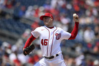 Washington Nationals starting pitcher Patrick Corbin (46) delivers a pitch during the third inning of a baseball game against the New York Mets, Sunday, June 20, 2021, in Washington. (AP Photo/Nick Wass)