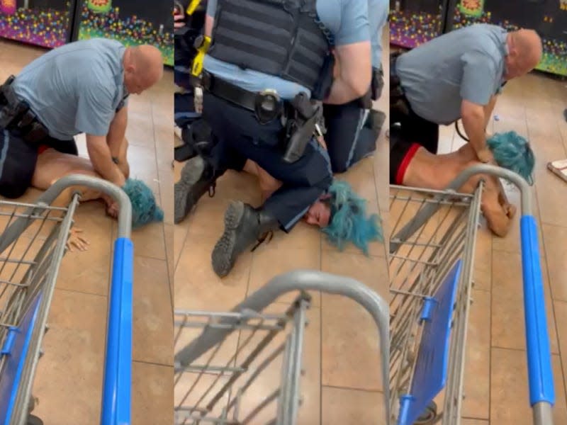 A composite of mobile phone footage of a police officer in a a blue shirt pinning a shirtless man with blue hair to the ground next to a shopping cart.