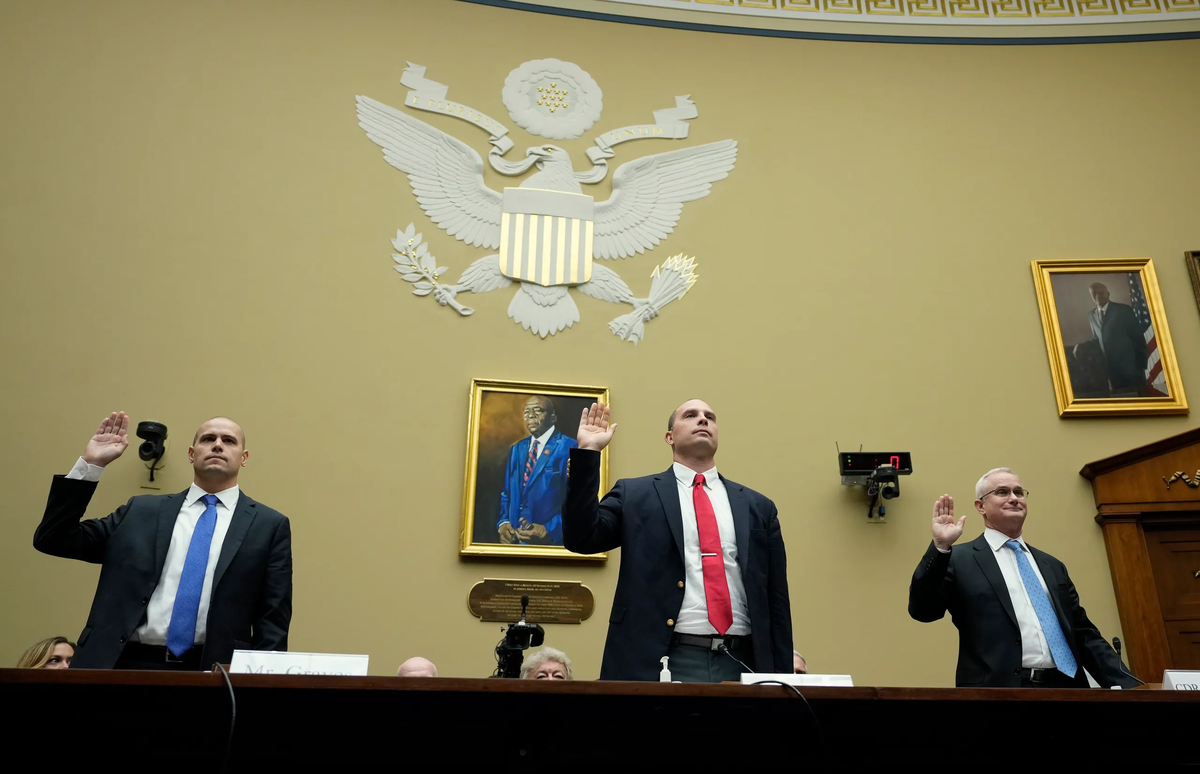 Ryan Graves, David Grusch and David Fravor are sworn in during a House Oversight Committee hearing (Drew Angerer/Getty Images)