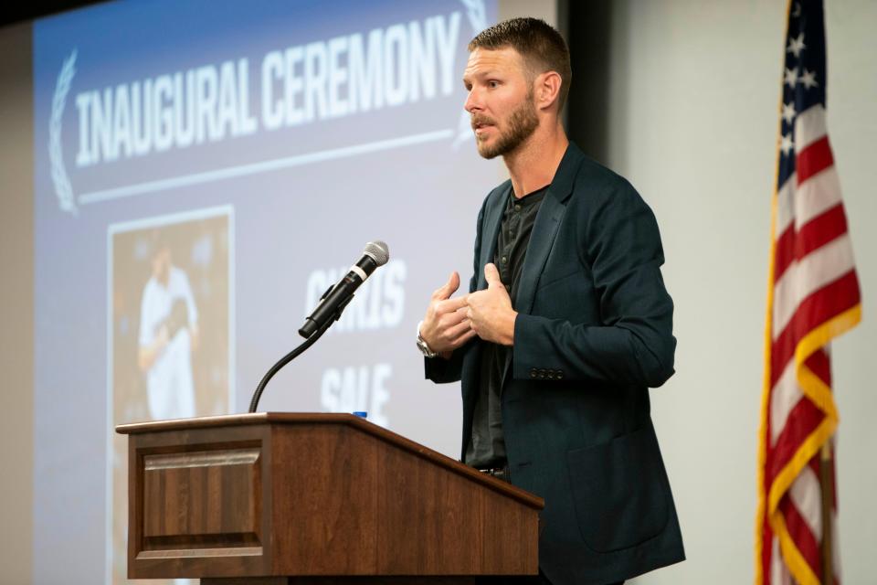 Chris Sale, a former FGCU pitcher and current Boston Red Sox, gives remarks during the FGCU Athletics Hall of Fame inaugural induction, Friday, Jan. 14, 2022, at the Cohen Student Union in Fort Myers, Fla.