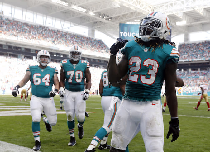 Jay Ajayi’s unsteady play in 2016 is one reason why owners should pump the brakes in Round 1. (AP)