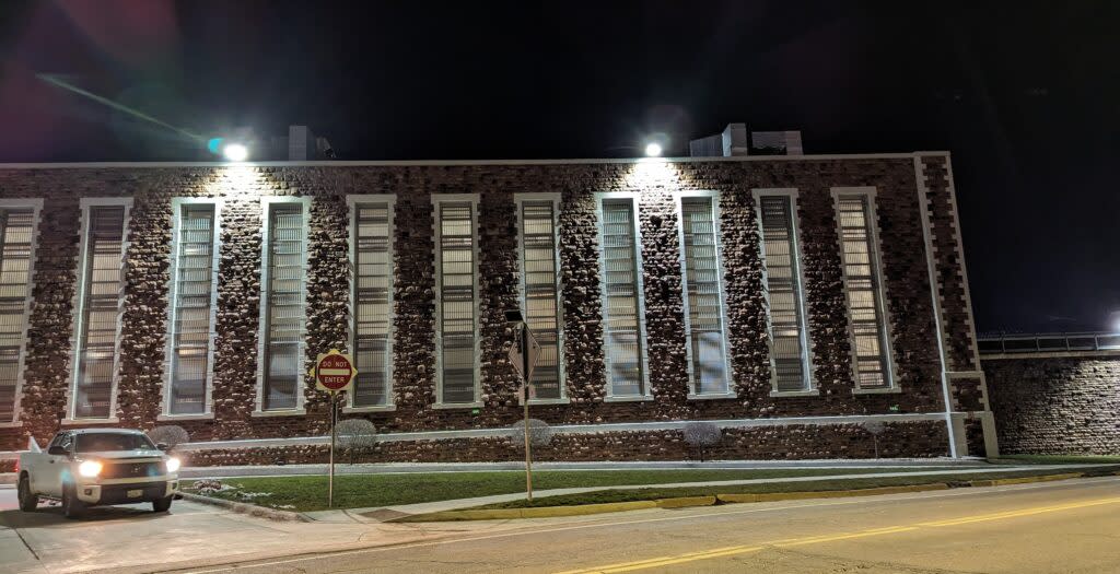 A photo taken at 3 a.m. on Friday, March 29, 2024 shows interior lights on in the South Dakota State Penitentiary's East Hall. The lights stayed on overnight after a second night of unrest in East Hall. (John Hult/South Dakota Searchlight)