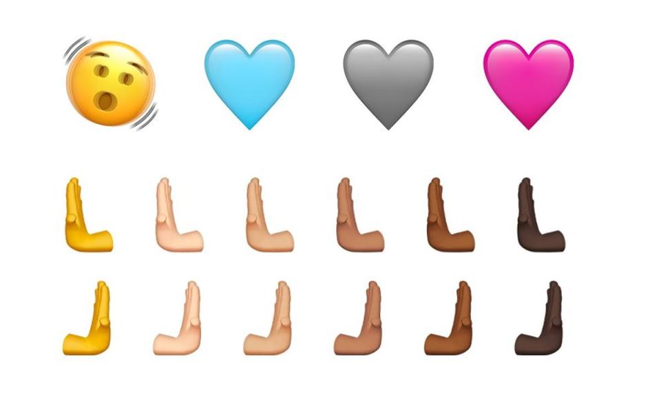 The new emojis include different coloured hearts and pushing hand gestures with multiple skin tone modifiers (Emojipedia)