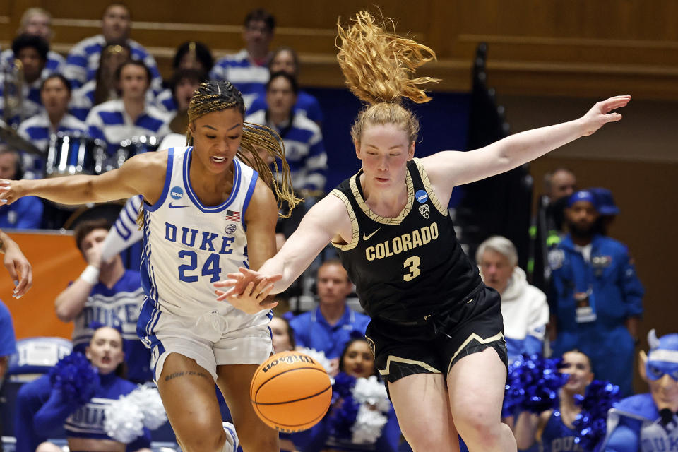 Duke's Reigan Richardson (24) battles for the ball with Colorado's Frida Formann (3) during the first half of a second-round college basketball game in the NCAA Tournament, Monday, March 20, 2023, in Durham, N.C. (AP Photo/Karl B. DeBlaker)