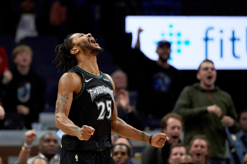 MINNEAPOLIS, MN - OCTOBER 31: Derrick Rose #25 of the Minnesota Timberwolves celebrates a play during the fourth quarter of the game against the Utah Jazz on October 31, 2018 at the Target Center in Minneapolis, Minnesota. Rose scored 50 points. The Timberwolves defeated the Jazz 128-125. NOTE TO USER: User expressly acknowledges and agrees that, by downloading and or using this Photograph, user is consenting to the terms and conditions of the Getty Images License Agreement. (Photo by Hannah Foslien/Getty Images)