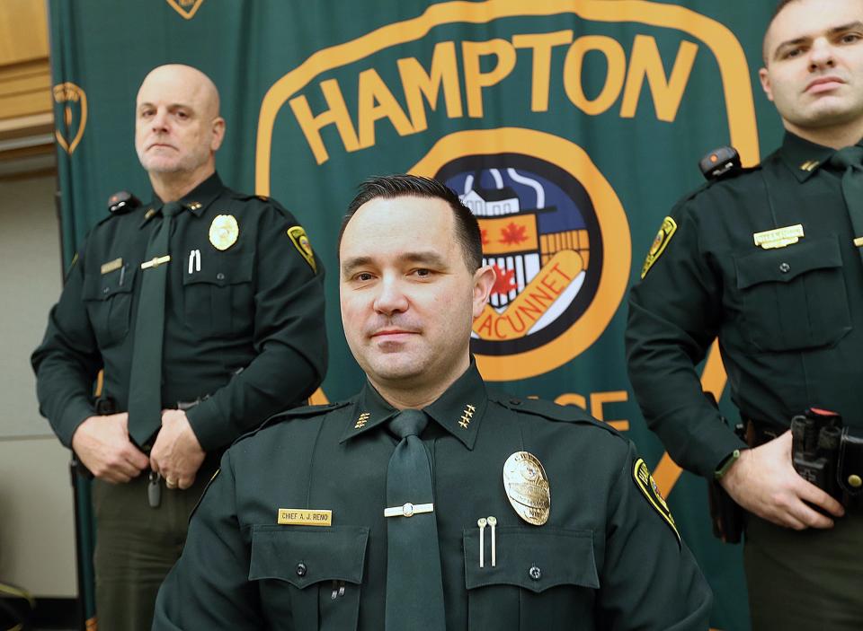 Hampton Police Chief Alex Reno, center, with the department’s two captains, Scott Bates, left, and Anthony Azarian.