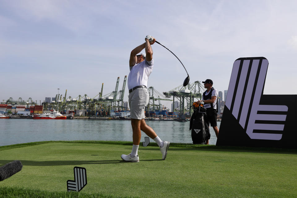 SINGAPORE, SINGAPORE - APRIL 29: Cameron Tringale of HyFlyers GC in action during day two of the LIV Golf Invitational - Singapore at Sentosa Golf Club on April 29, 2023 in Singapore.  (Photo by Suhaimi Abdullah/Getty Images)