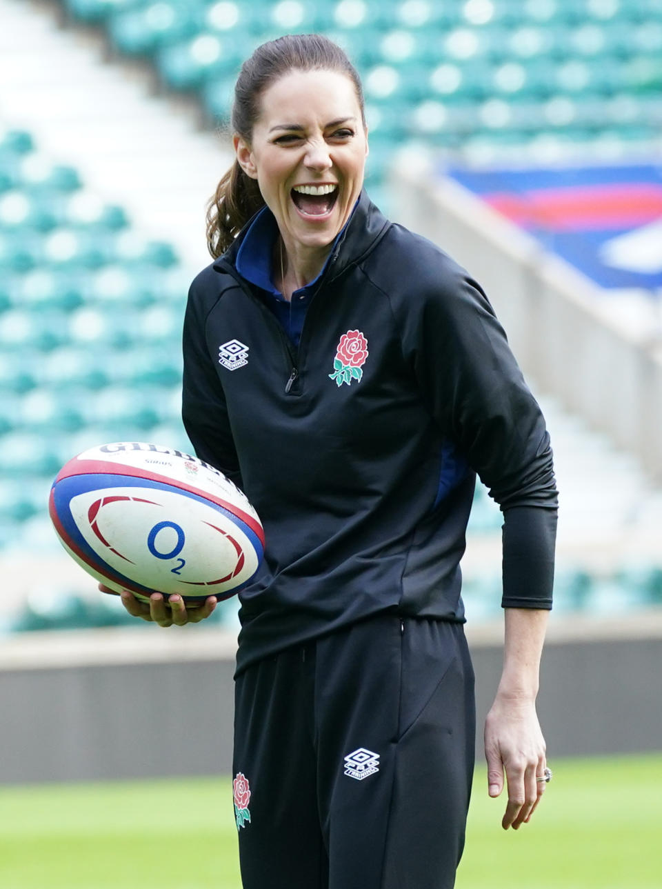 The Duchess of Cambridge, in her new role as Patron of the Rugby Football Union, during a visit to Twickenham Stadium, to meet England players, coaches and referees and join a training session on the pitch. Picture date: Wednesday February 2, 2022.