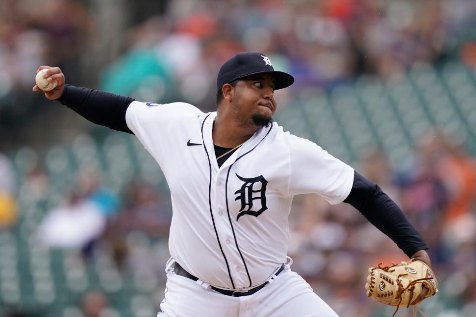 Detroit Tigers starting pitcher Rony Garcia throws during the first inning of a baseball game against the Minnesota Twins, Sunday, July 24, 2022, in Detroit.