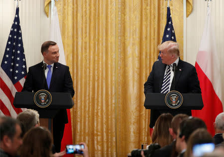 U.S. President Donald Trump arrives for a joint news conference with Poland's President Andrzej Duda in the East Room of the White House in Washington, U.S., September 18, 2018. REUTERS/Kevin Lamarque