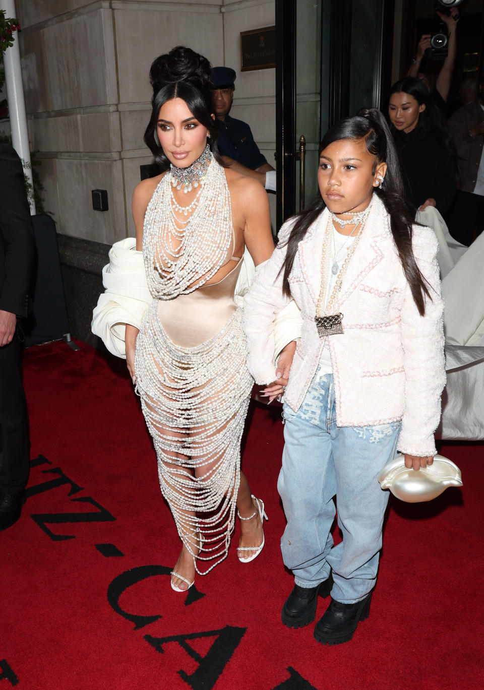 Kim Kardashian and North West are seen leaving the Ritz Hotel on May 1, 2023 in New York City.  / Credit: MEGA/GC Images