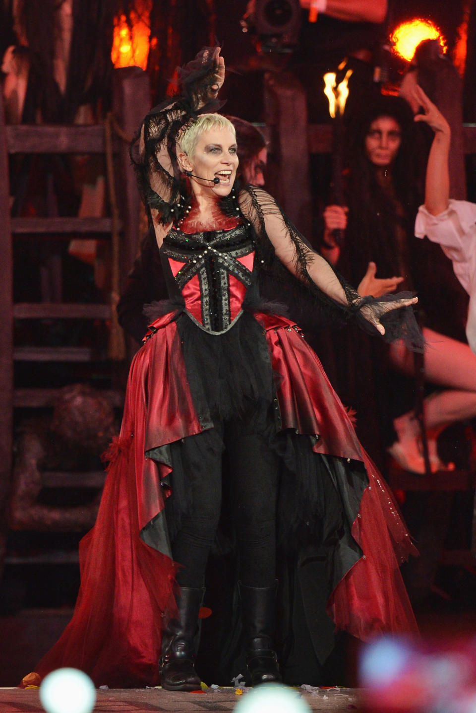 LONDON, ENGLAND - AUGUST 12: Musician Annie Lennox performs during the Closing Ceremony on Day 16 of the London 2012 Olympic Games at Olympic Stadium on August 12, 2012 in London, England. (Photo by Jeff J Mitchell/Getty Images)